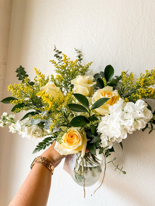 Designer Choice vase arrangement- Yellow & White