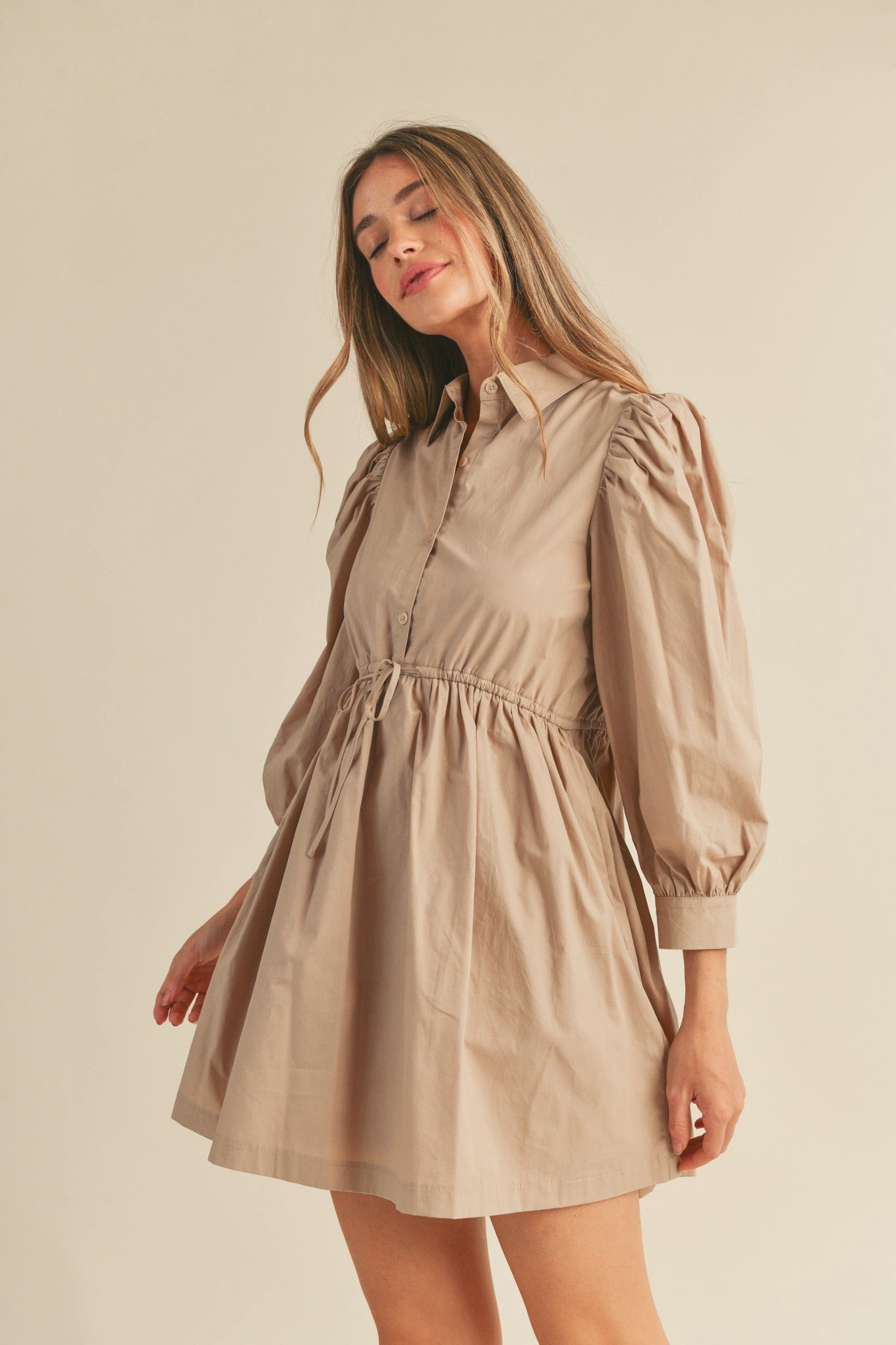 BUTTON DOWN PUFF SLEEVE MINI DRESS