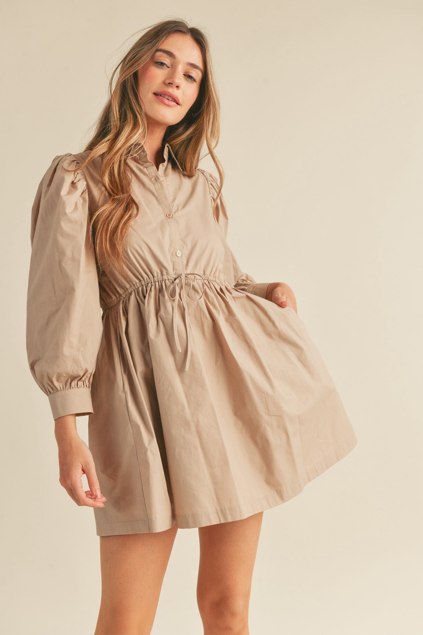 BUTTON DOWN PUFF SLEEVE MINI DRESS