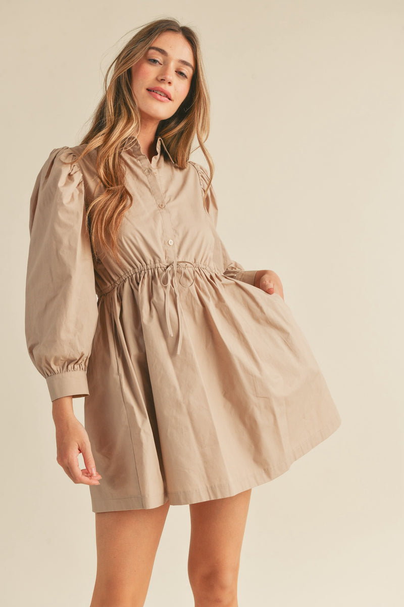 BUTTON DOWN PUFF SLEEVE MINI DRESS