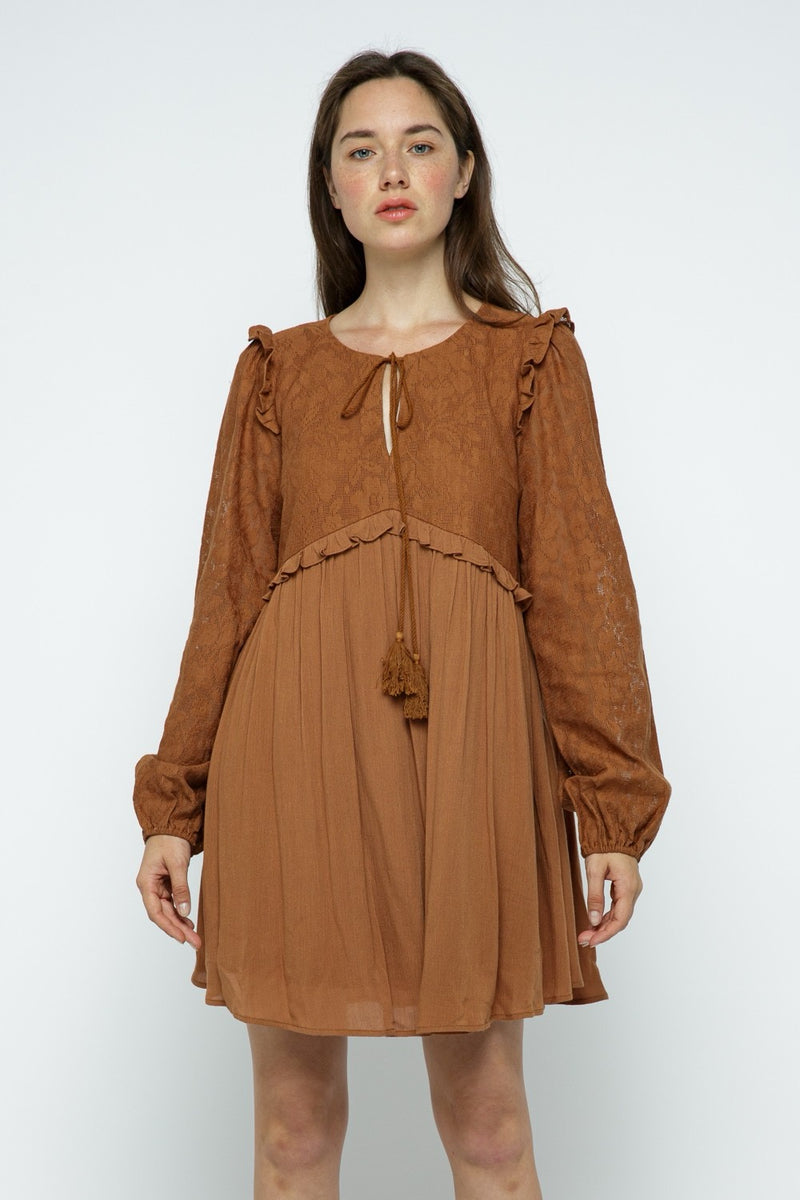 FLOATY LACE COMBO TASSEL TIE FRONT DRESS