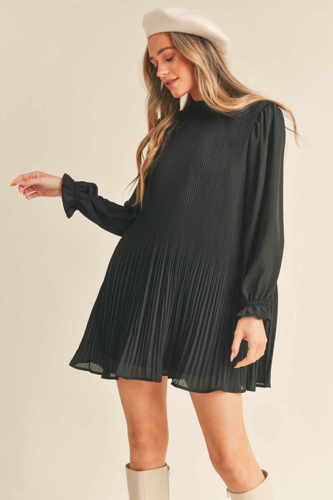 PLEATED HIGH NECK MINI DRESS