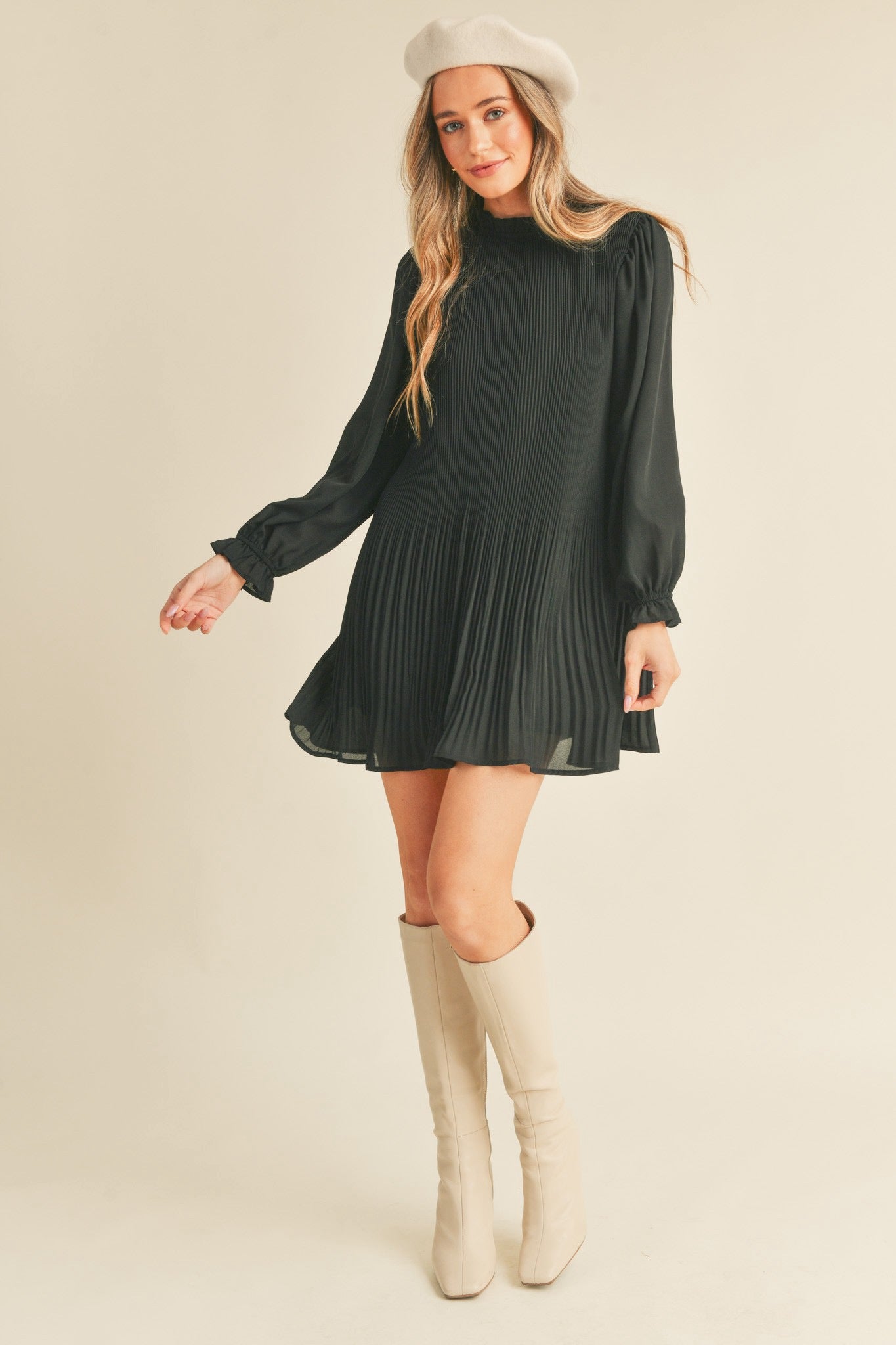 PLEATED HIGH NECK MINI DRESS