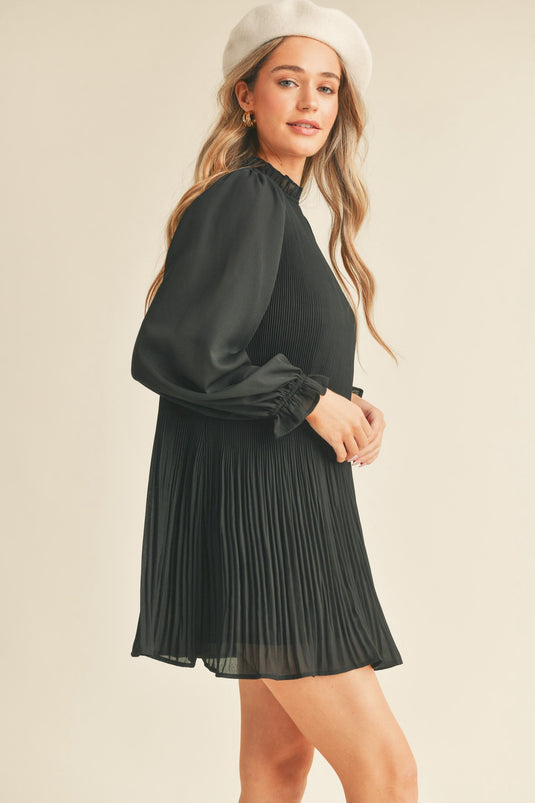 high neck pleated mini dress Pleated Chiffon High Neck Flare Sleeve Mini Dress