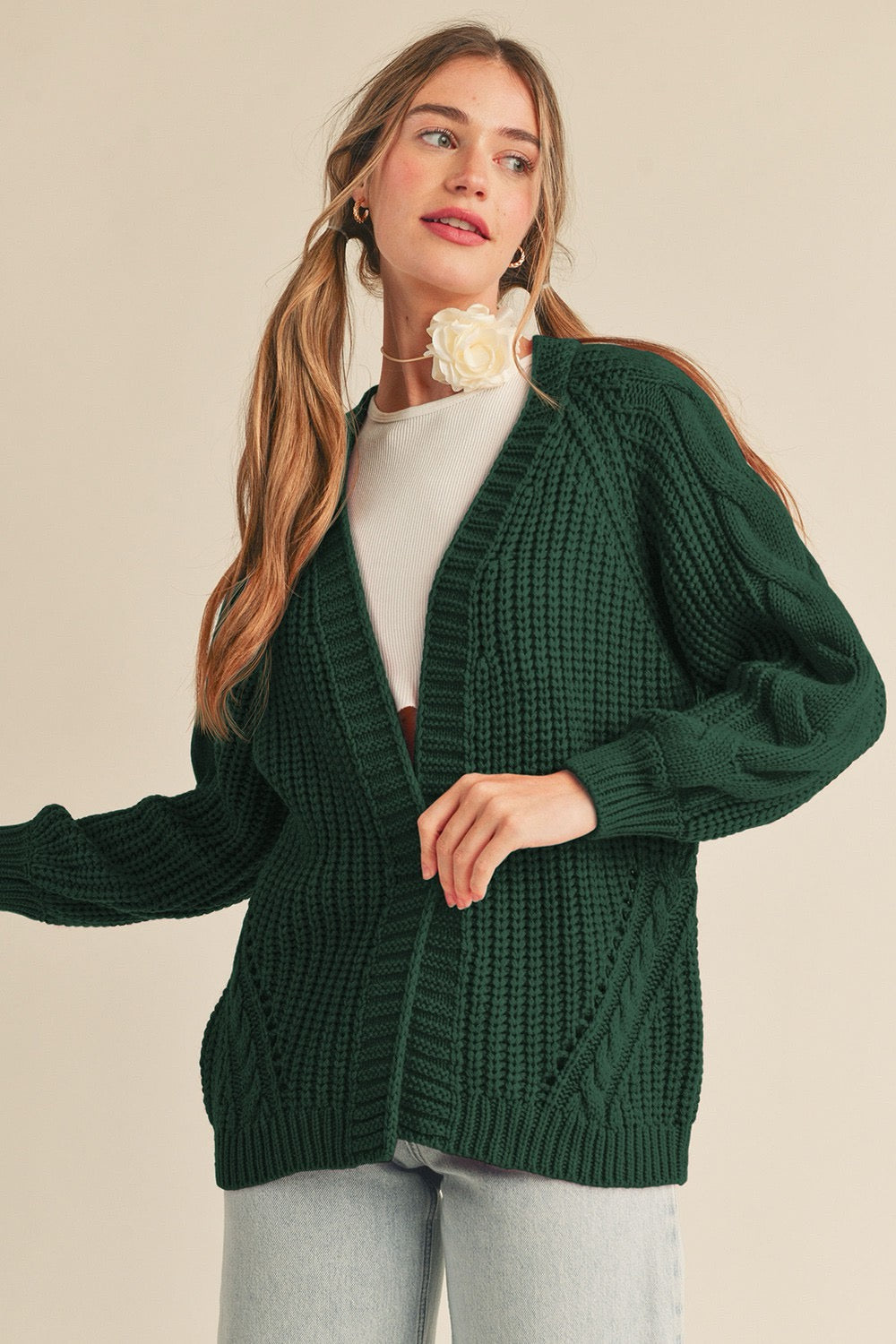 OPEN FRONT CABLE KNIT CARDIGAN